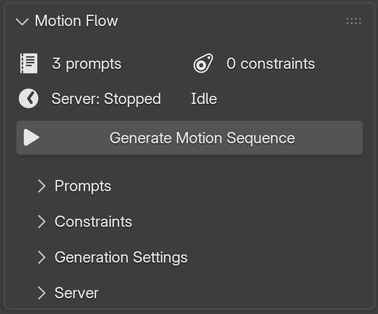 Motion Flow main panel in Blender