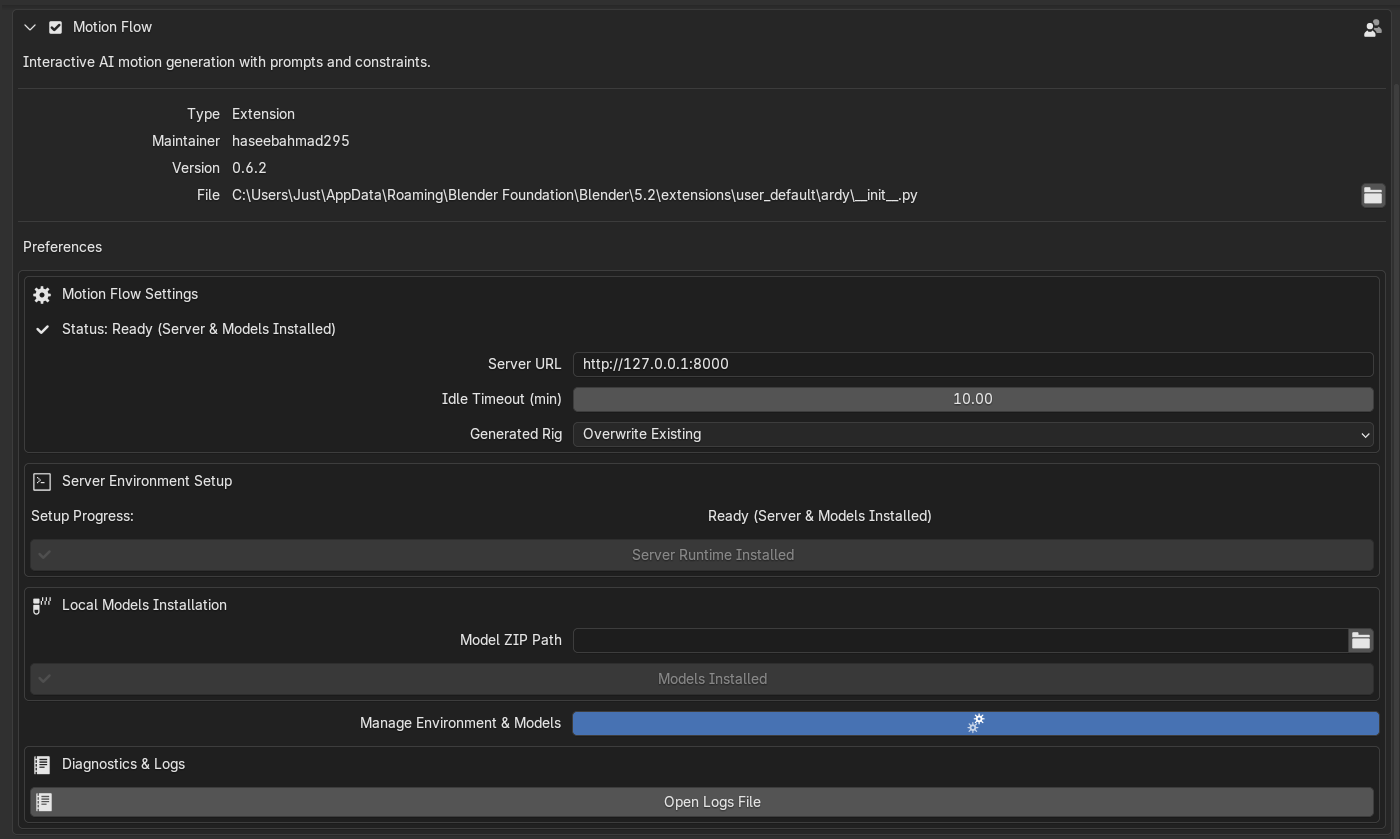 Motion Flow add-on preferences in Blender